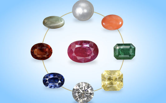 Navratna gemstones arranged in a circle around a ruby on a blue aura background