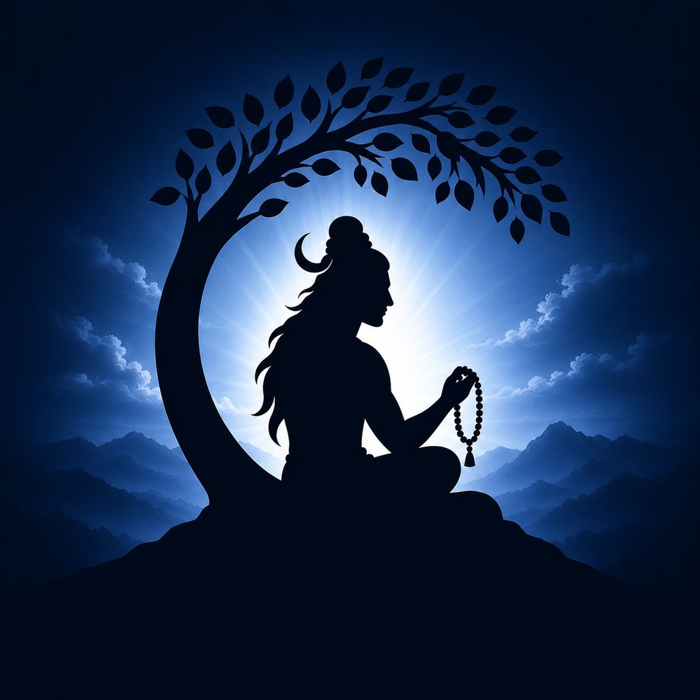 Shiva silhouette under a tree, lit by a divine blue aura